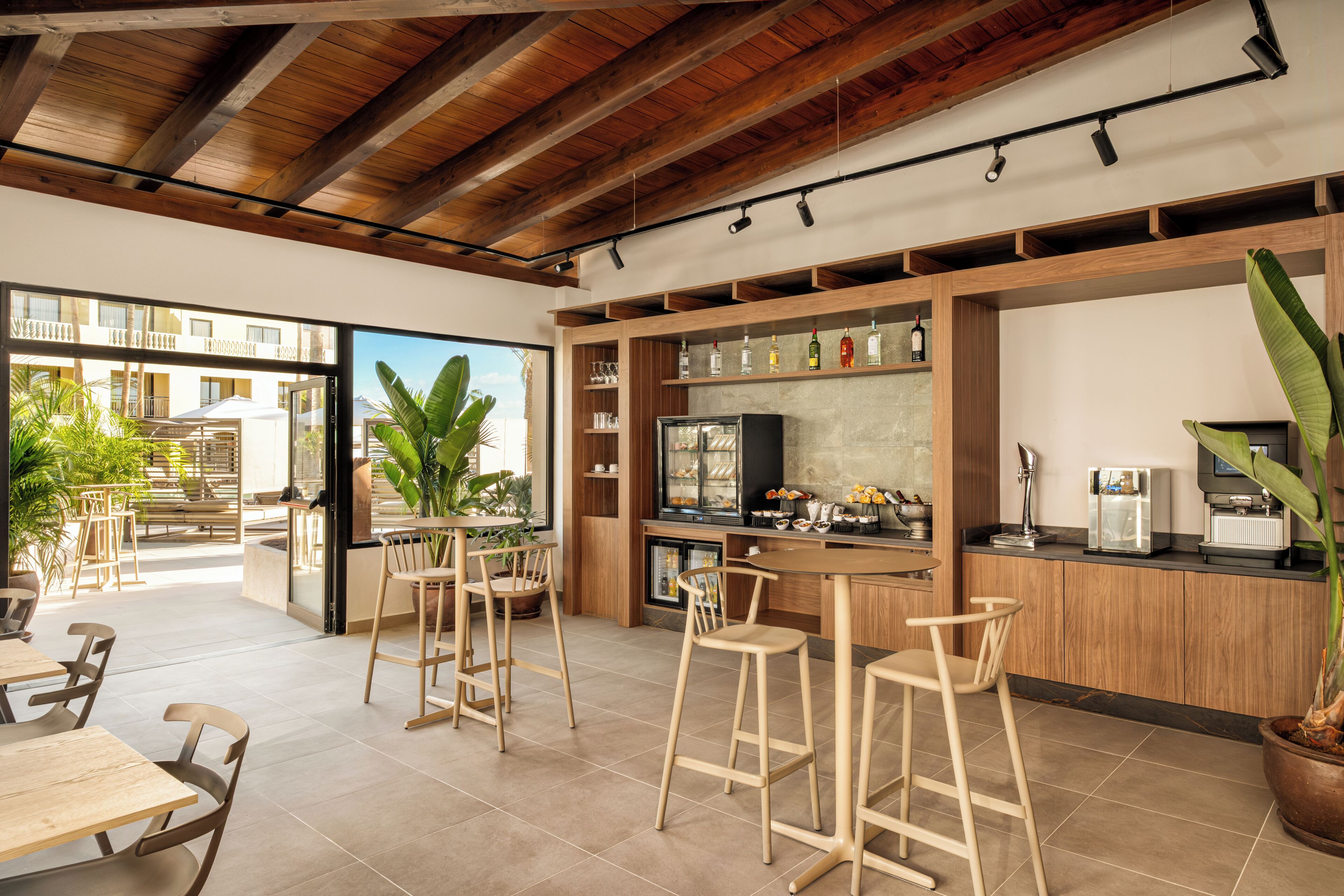 Una cocina moderna con taburetes de madera, una cafetera y una planta grande en maceta.