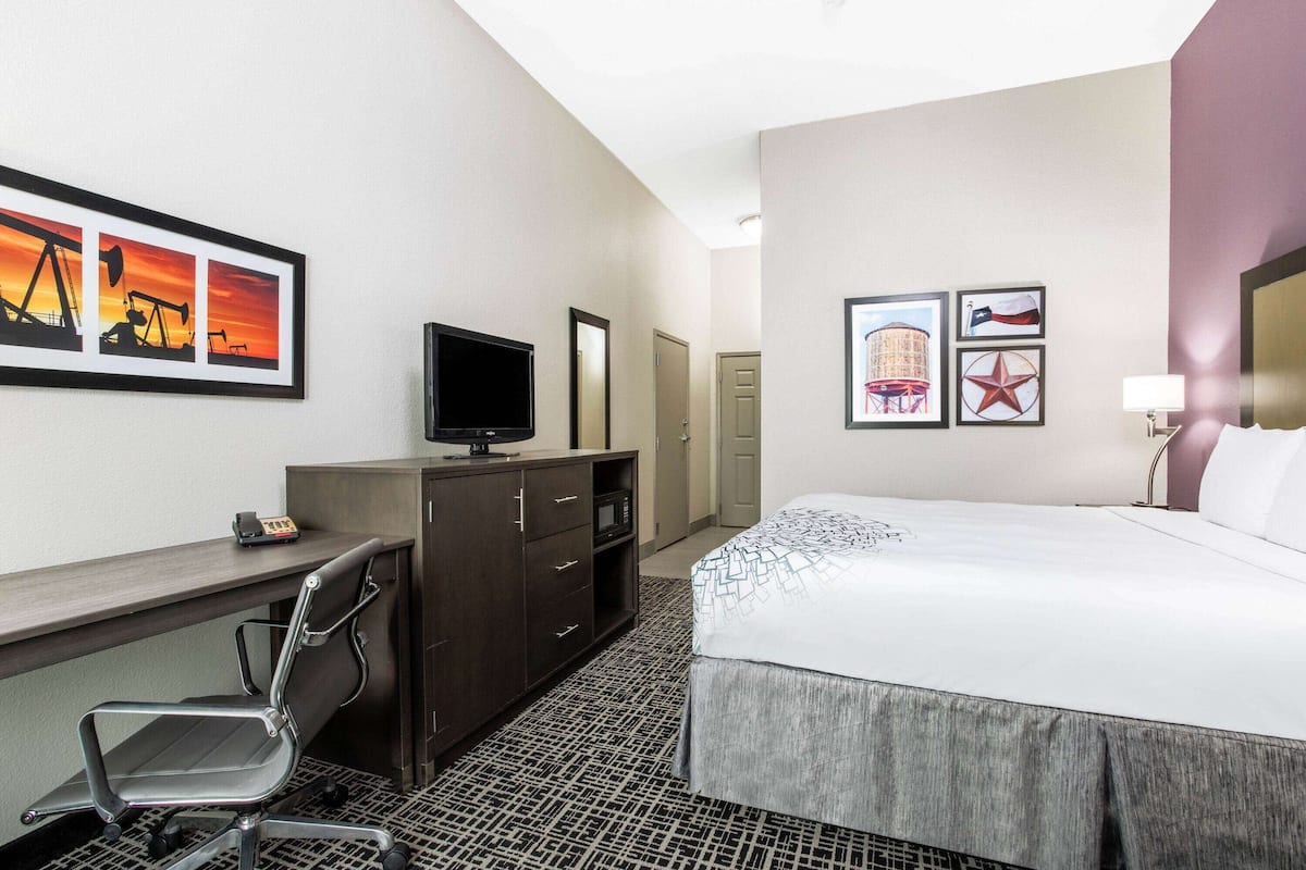 Habitación de hotel con cama, escritorio, silla, televisor y obras de arte en las paredes.