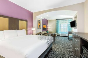 Premium bedding, pillowtop beds, desk, laptop workspace