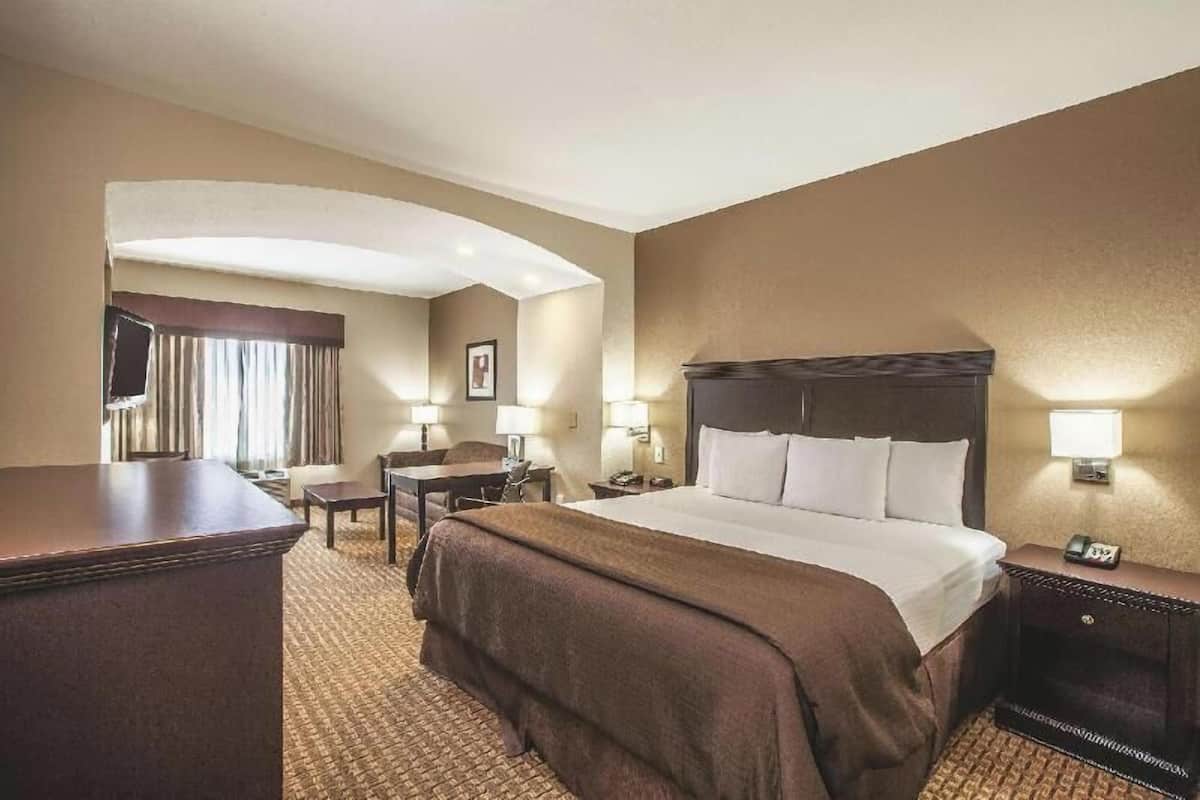 Habitación de hotel con una cama grande, un escritorio, una silla, un aparador y un televisor.
