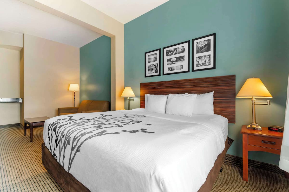 Habitación de hotel con una cama grande, dos mesitas de noche con lámparas, una silla y una pared decorada con cuadros.