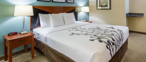 A hotel room with a large bed, two bedside tables with lamps, a nightstand with a phone, and framed pictures on the wall.