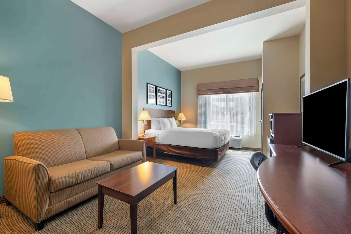 Una habitación de hotel con sofá, cama, televisión y escritorio.