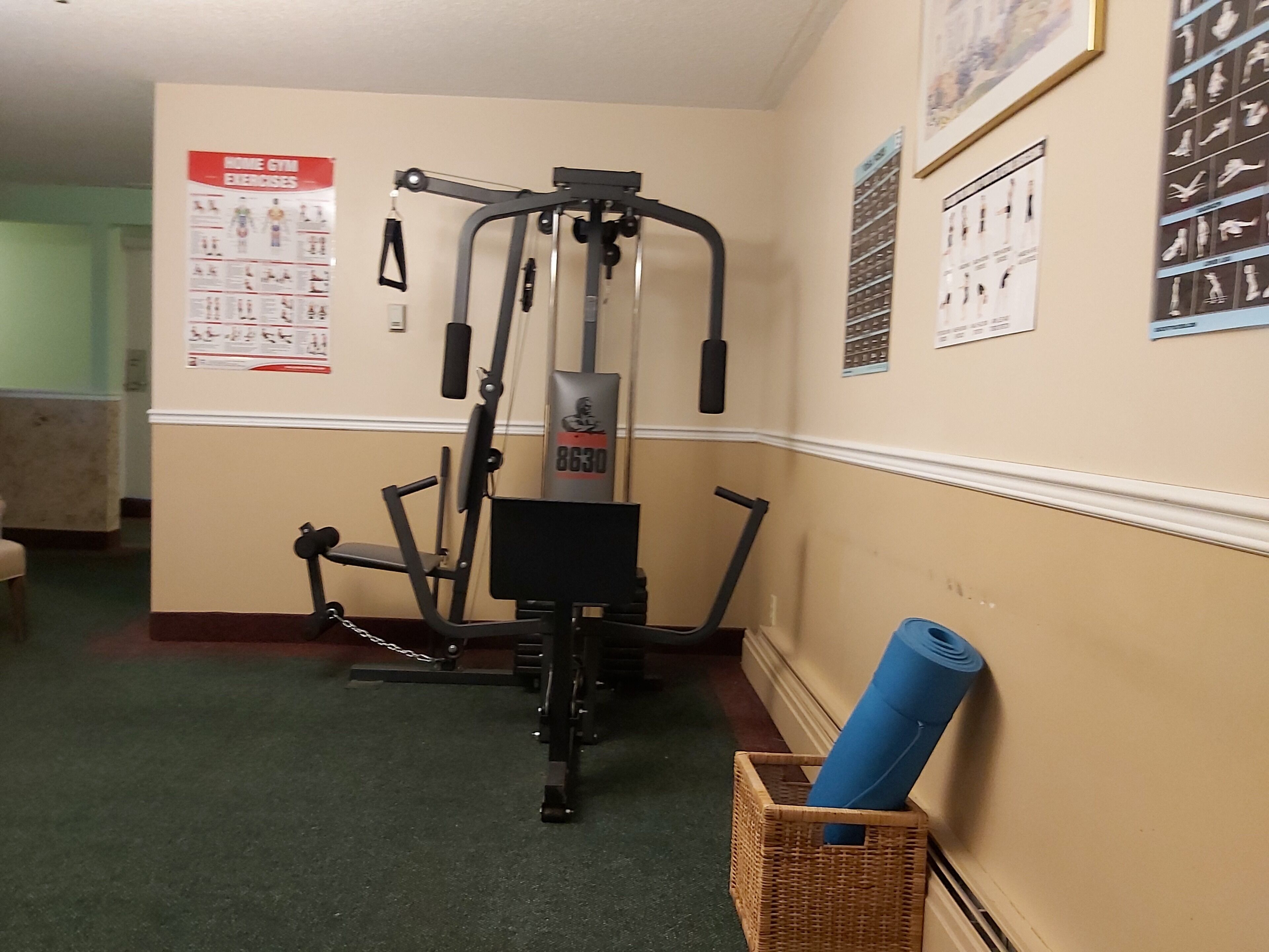 Uma academia em casa com equipamentos de ginástica, um pôster com ilustrações de exercícios e um tapete de yoga num cesto.