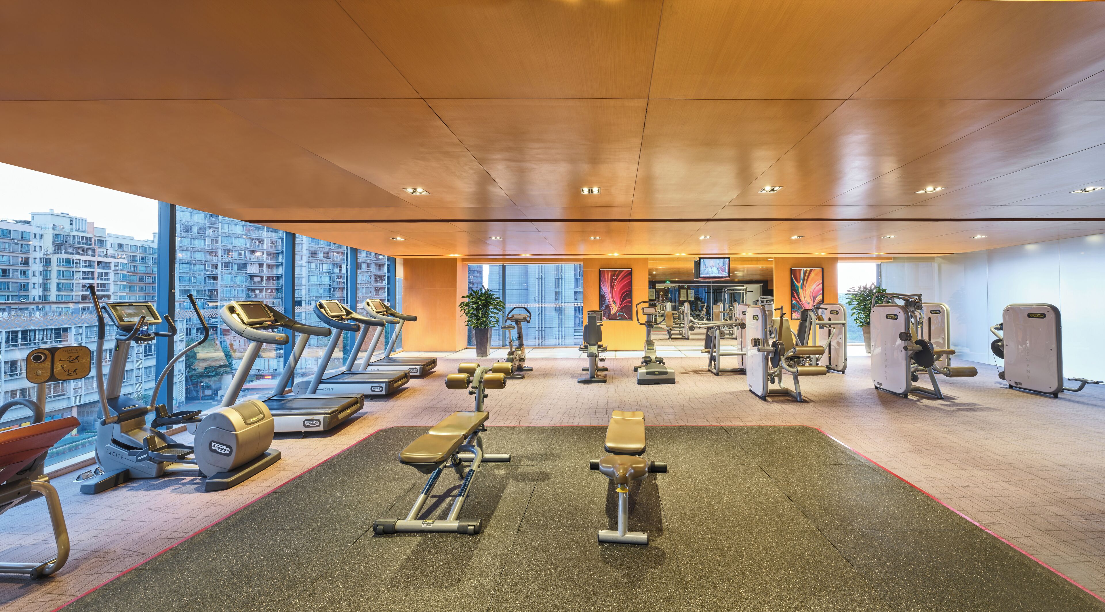 Une salle de sport moderne équipée de tapis de course, d’appareils de musculation et de bancs.