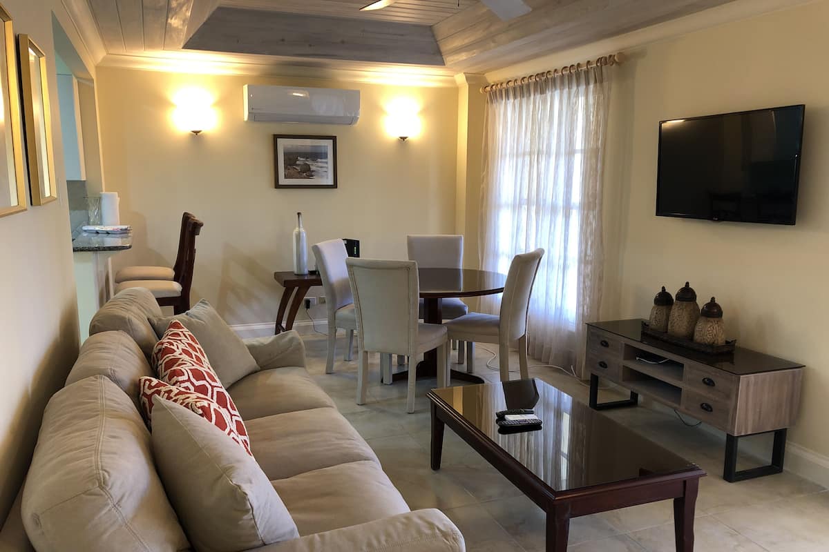 Een woonkamer met een bank, een salontafel, een televisie en een eethoek met stoelen en een tafel.