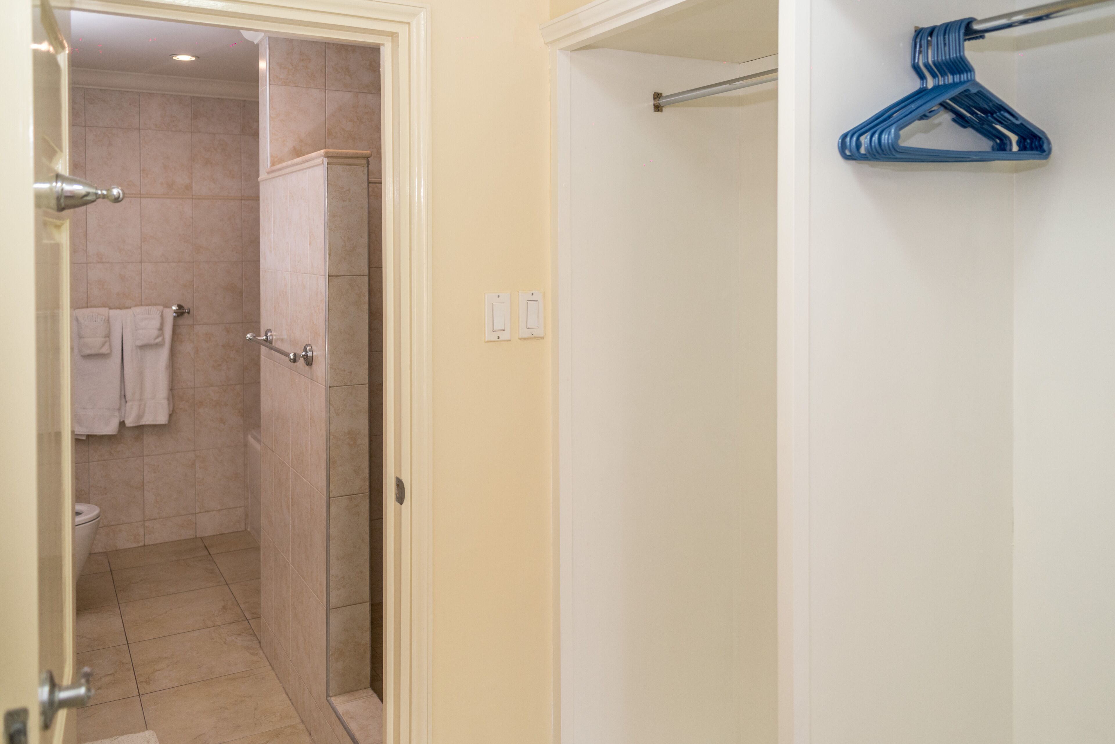 A bathroom with a shower, toilet, and towel rack.