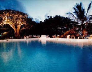 Outdoor pool, pool umbrellas, pool loungers