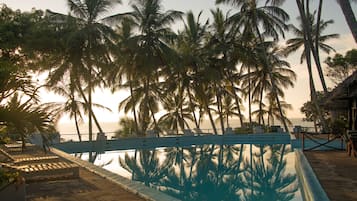 Outdoor pool, pool umbrellas, pool loungers