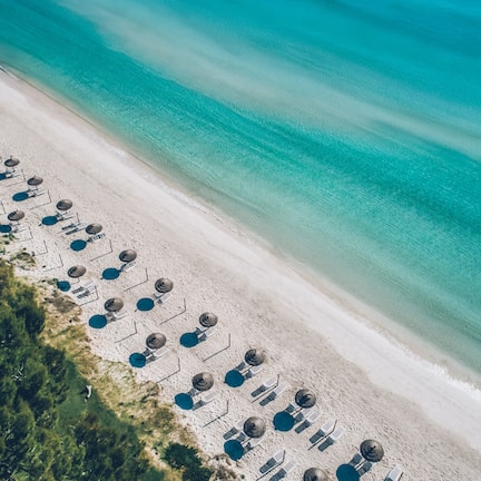 An aerial view of a beach with rows of sun loungers and umbrellas.