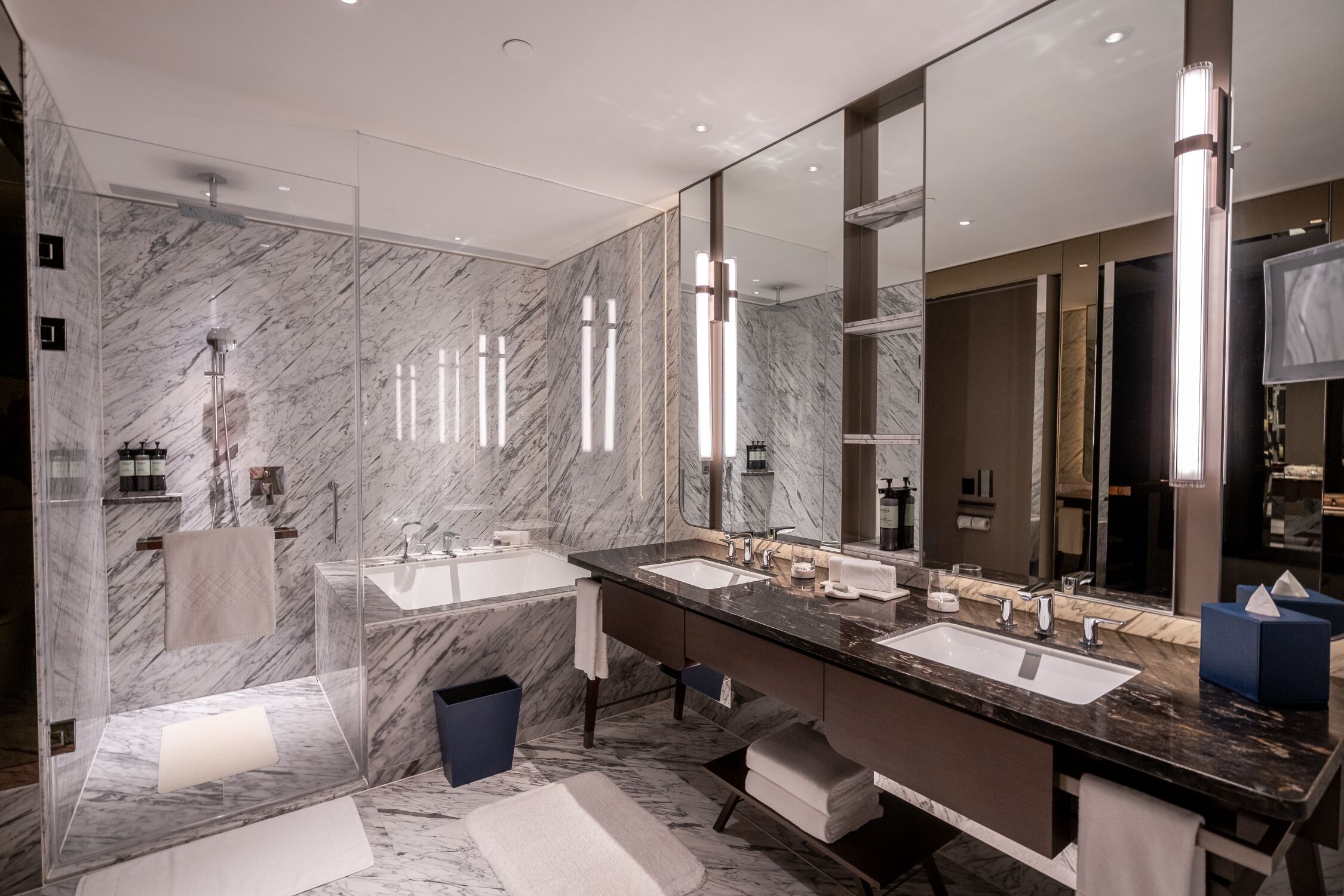 separate bathtub and shower, free toiletries, hair dryer, bathrobes