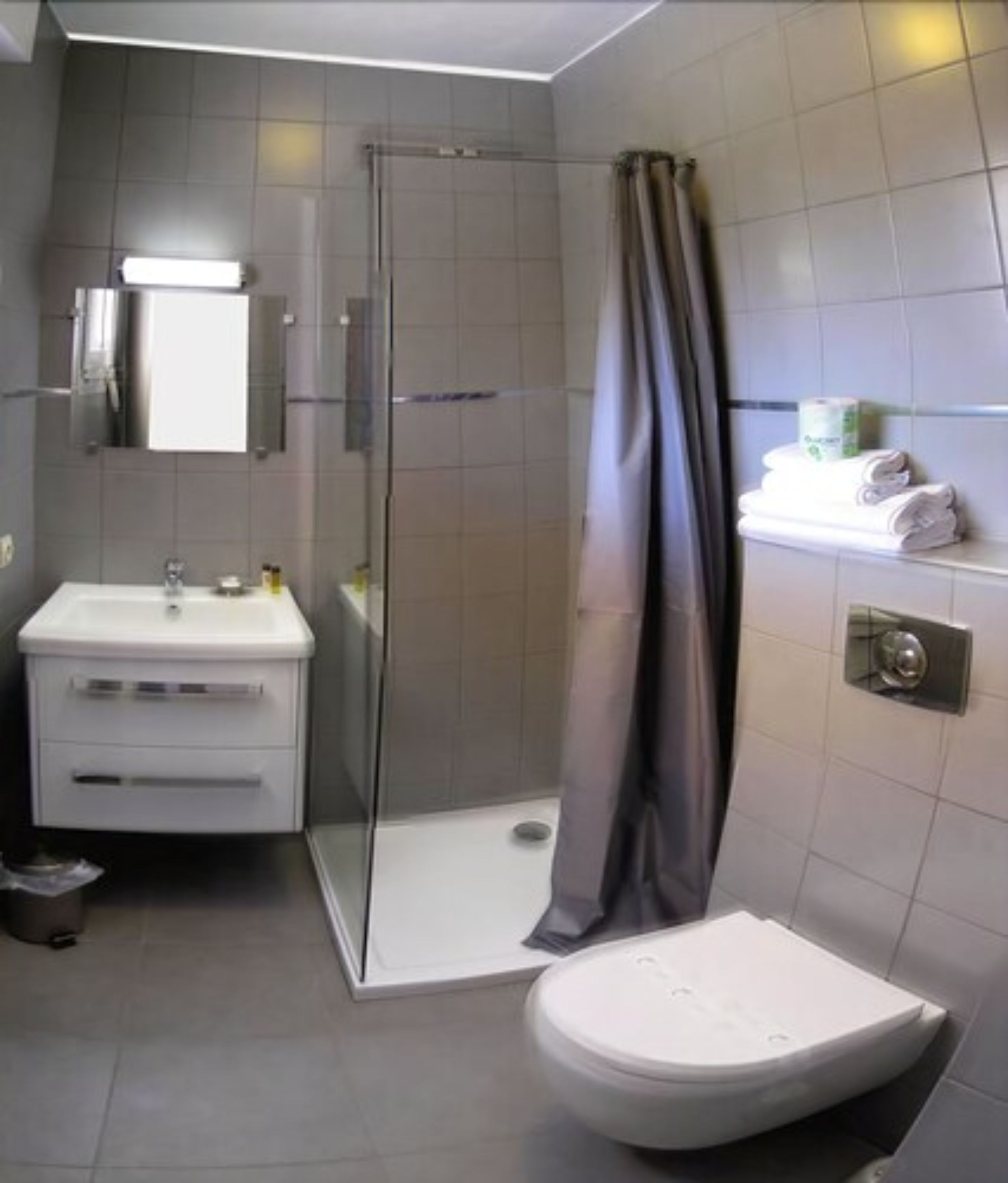 A modern bathroom with a shower, toilet, and sink.