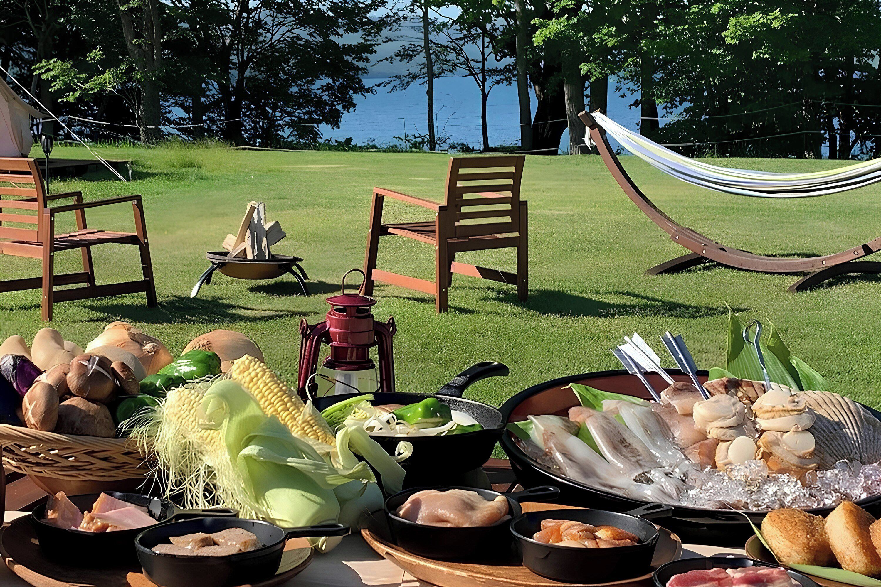 An outdoor dining setup with various food items, a hammock, and chairs in a grassy area with trees and a body of water in the background.