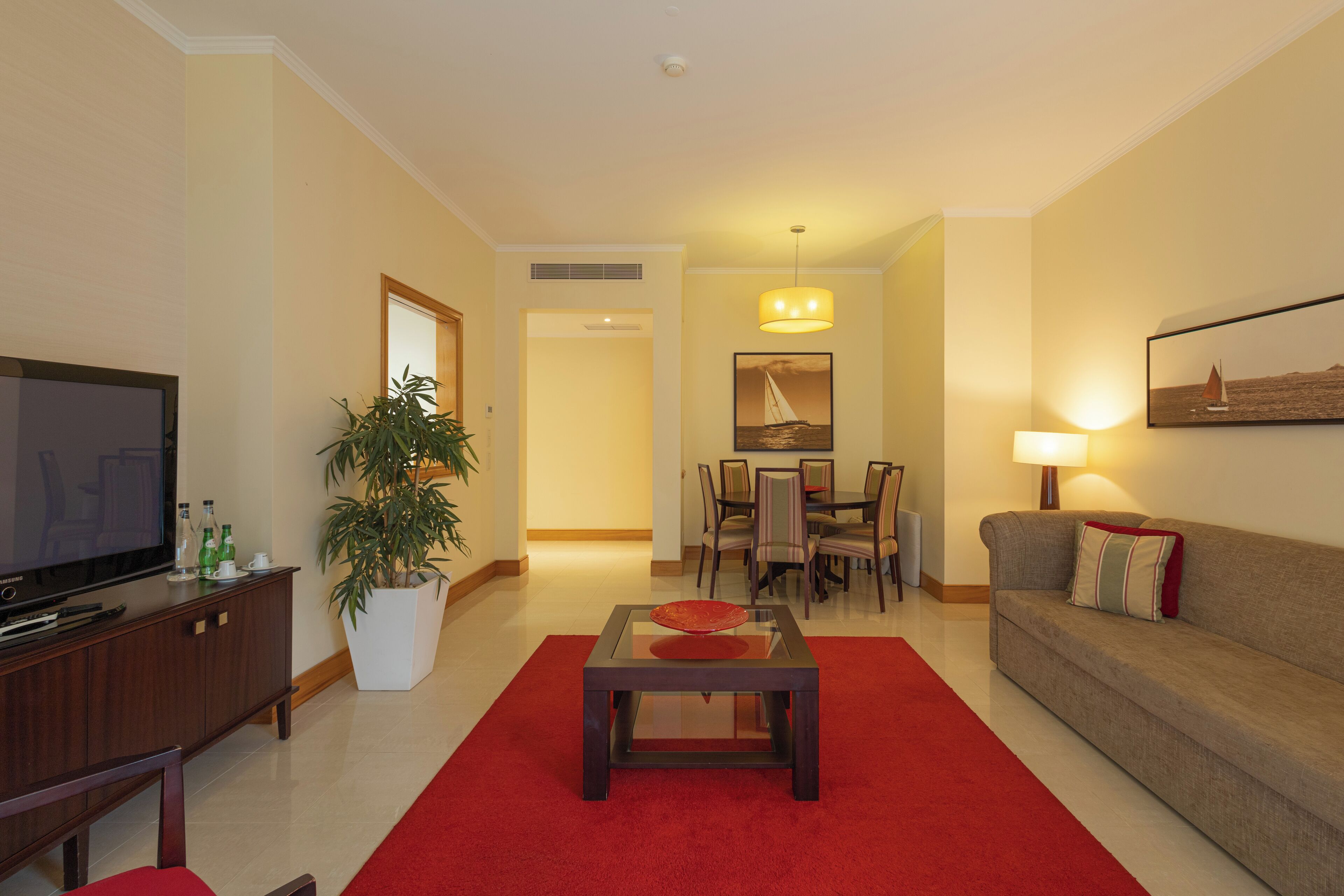 A living room with a flat-screen TV, a red carpet, a sofa, a dining area with chairs, and a potted plant.
