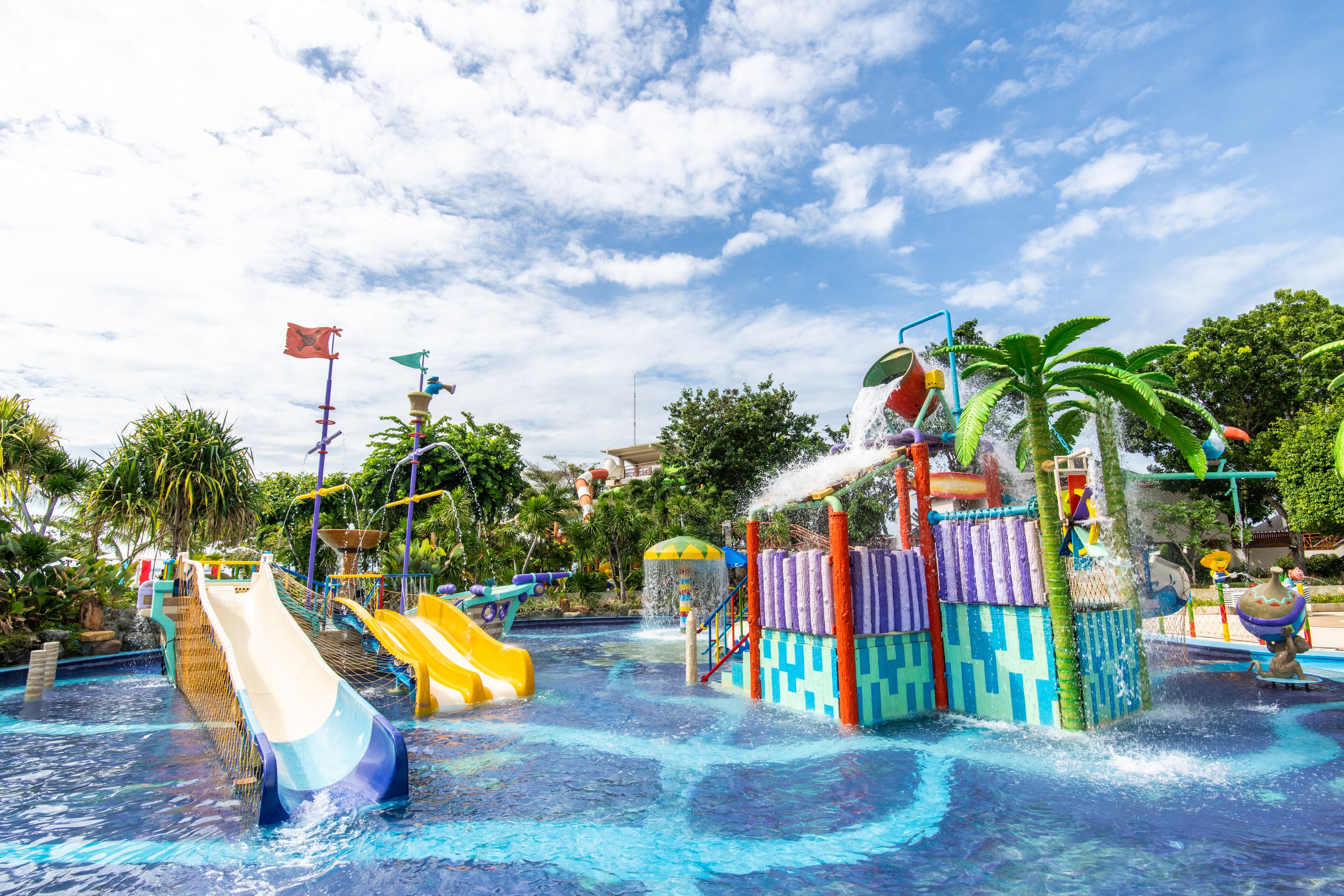 A water park with multiple slides and water features.