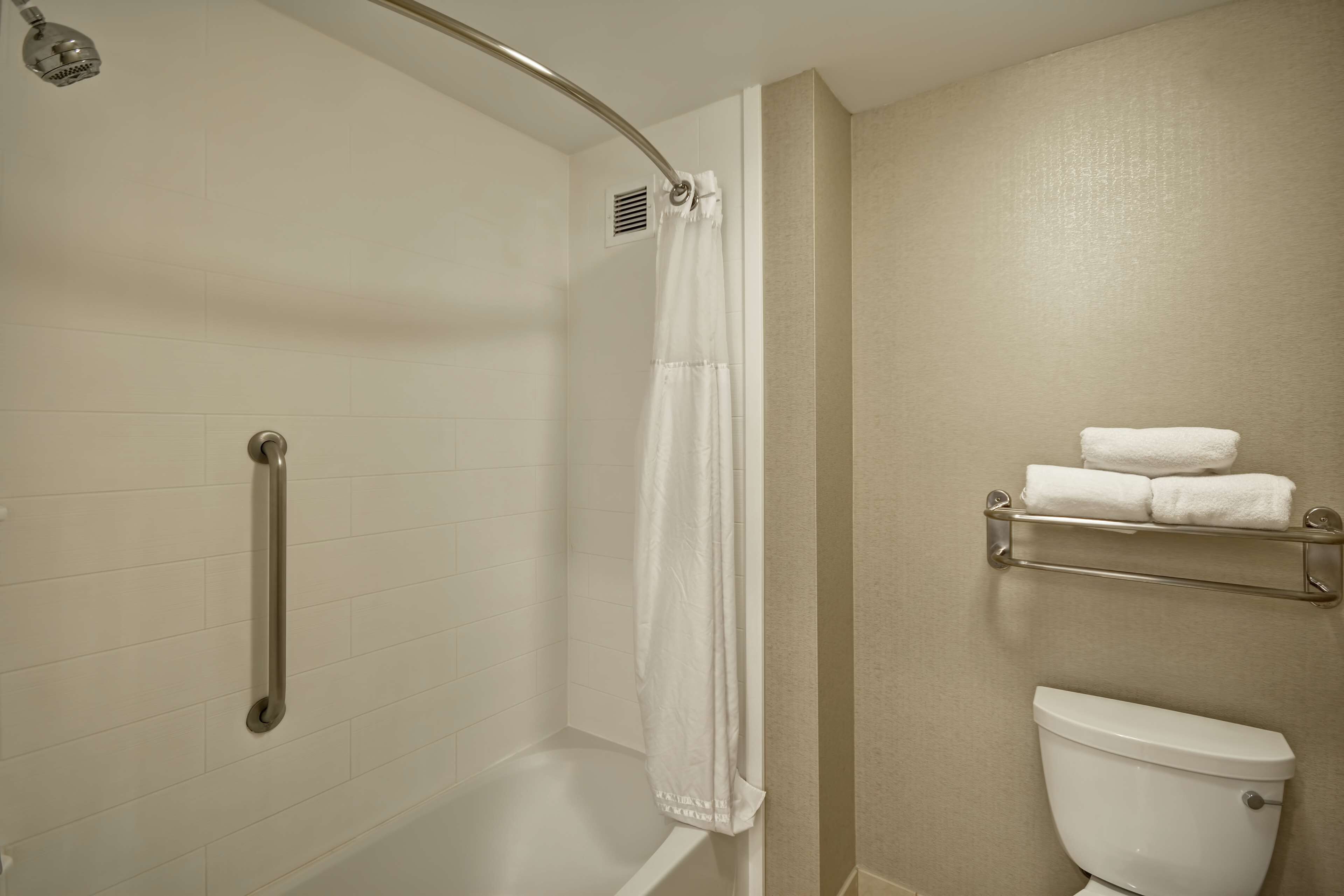 A bathroom with a shower, a toilet, and a towel rack.