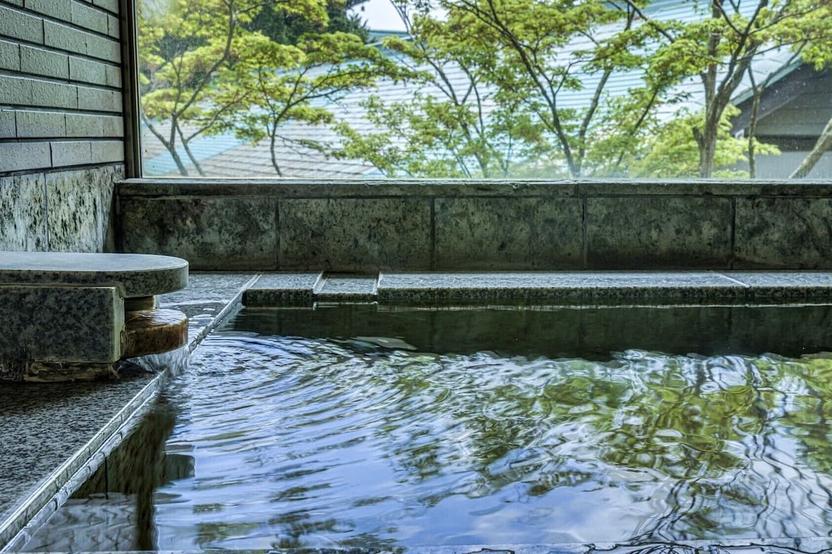 A stone hot spring with a view of trees and a building in the background.