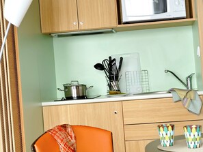 Fridge, microwave, stovetop, electric kettle