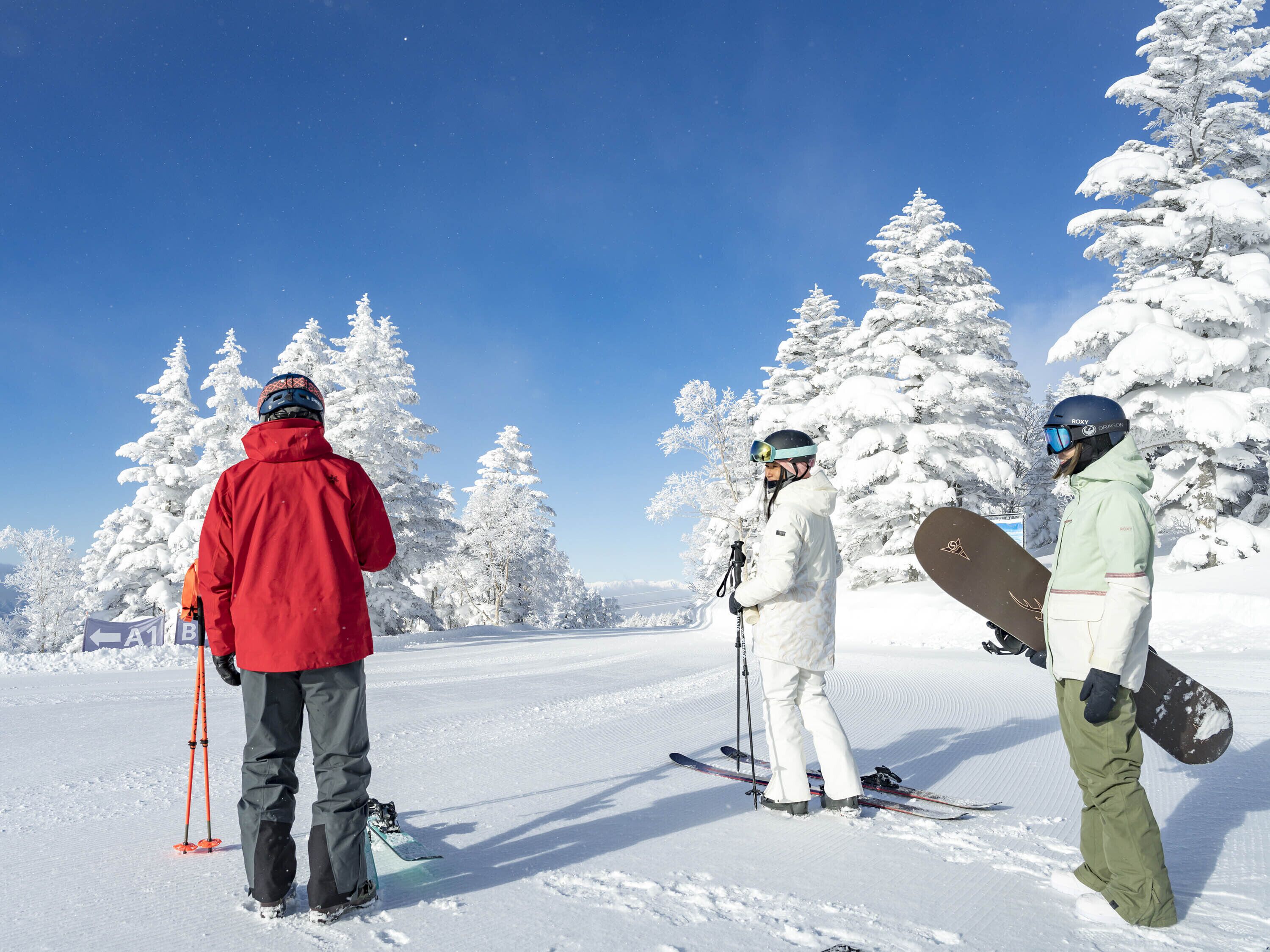 A snowy landscape with three people in ski and snowboard gear.