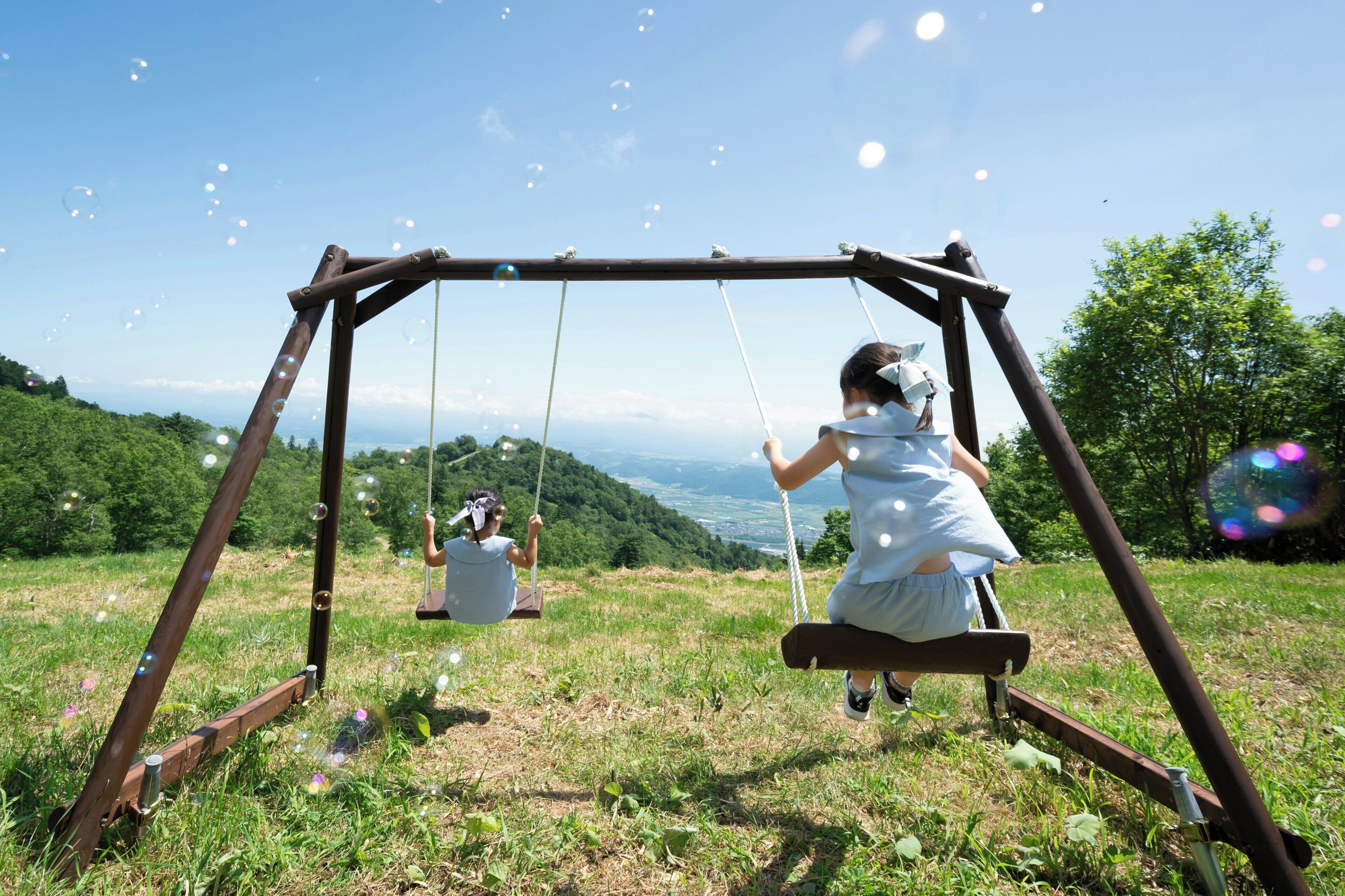 A wooden swing set in a grassy field with a scenic view in the background.