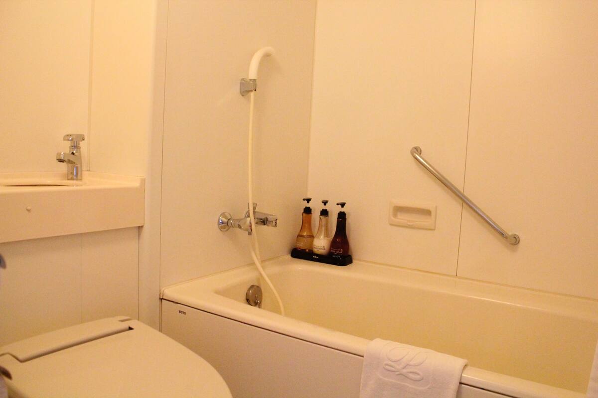 Combined shower/tub, free toiletries, hair dryer, slippers