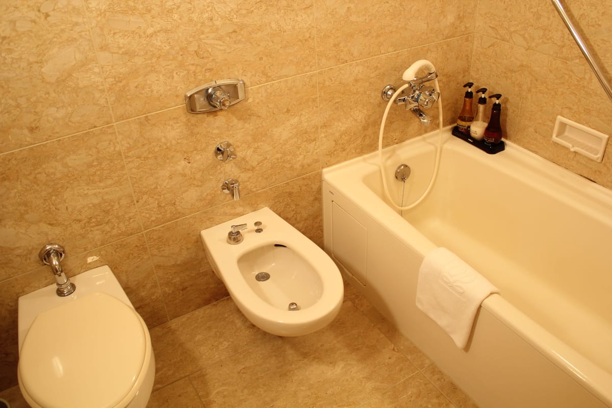 Combined shower/tub, free toiletries, hair dryer, slippers