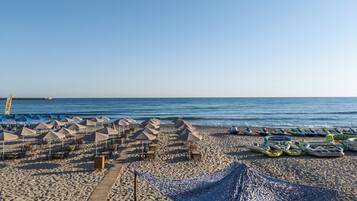 On the beach, sun-loungers, beach umbrellas, beach towels