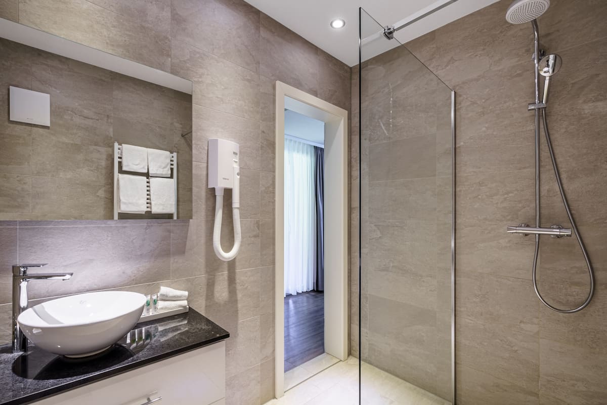 shower, rainfall showerhead, free toiletries, hair dryer