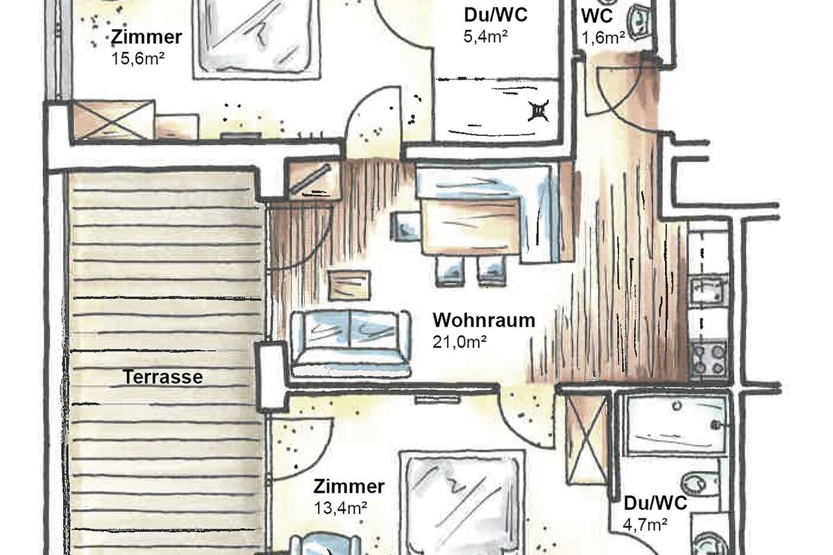 A floor plan with a living room (21.0m²), two bedrooms (15.6m² and 13.4m²), a bathroom (1.6m²), and a terrace.