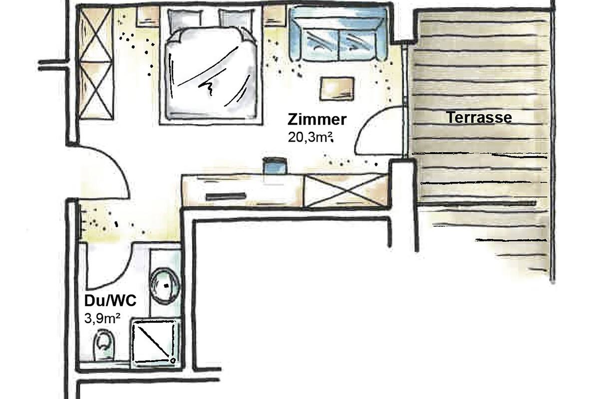 A floor plan with a living room, a kitchen, a bathroom, and a terrace.