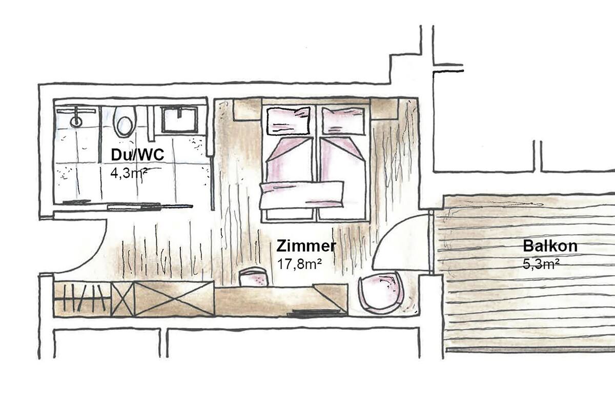A floor plan with a Du/WC area of 4.3m², a Zimmer of 17.8m², and a Balcony of 5.3m².