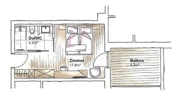 Plano de planta con zona Du/WC de 4,3m², habitación Zimmer de 17,8m² y balcón de 5,3m².