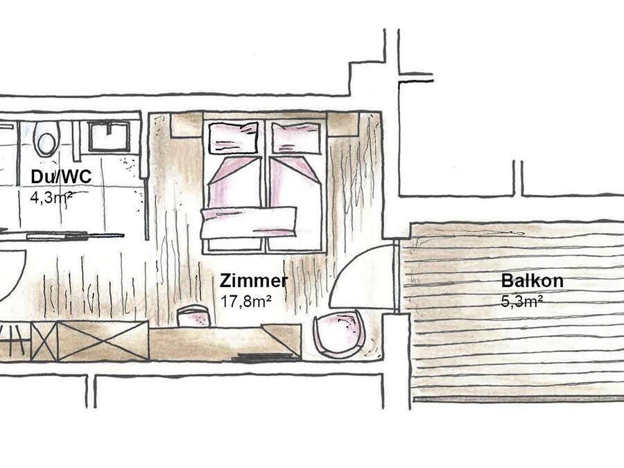 Plano de planta con zona Du/WC de 4,3m², habitación Zimmer de 17,8m² y balcón de 5,3m².