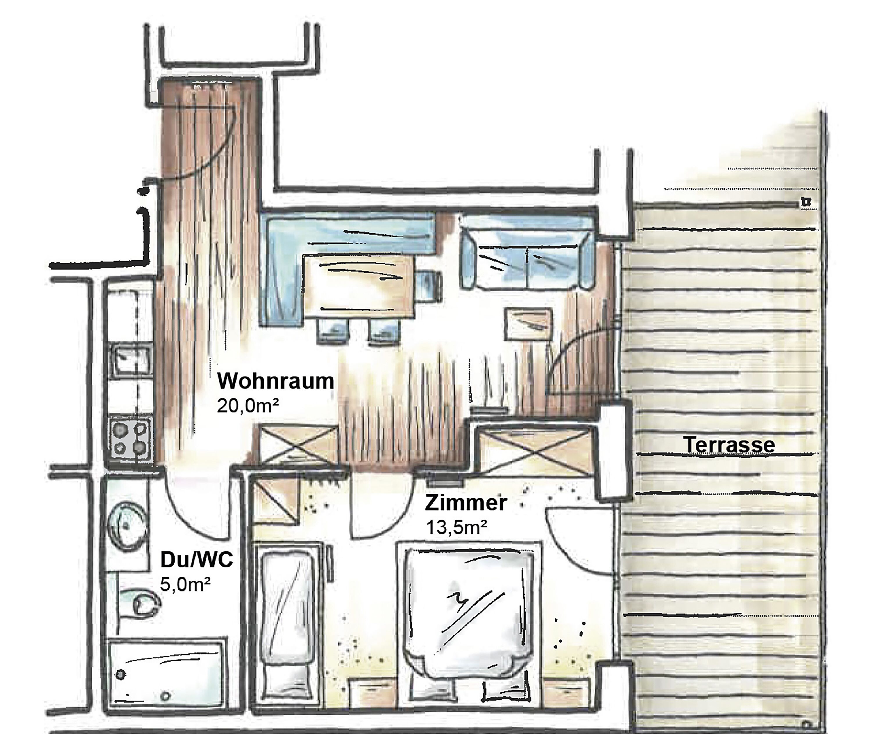Plano de planta de una casa con áreas identificadas: sala de estar (20.0m²), habitación (13.5m²), aseo (5.0m²) y terraza.