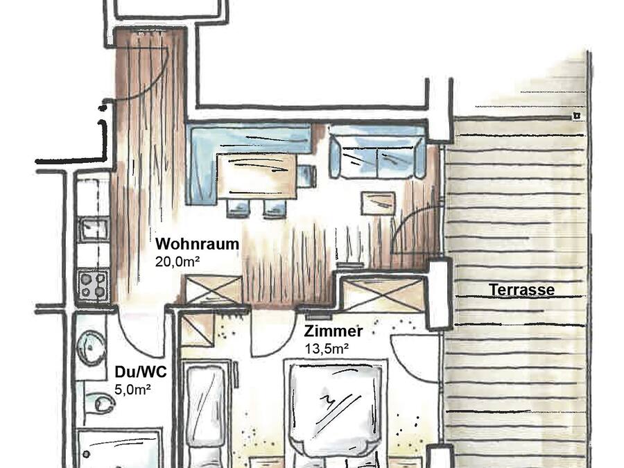 Plano de planta de una casa con áreas identificadas: sala de estar (20.0m²), habitación (13.5m²), aseo (5.0m²) y terraza.