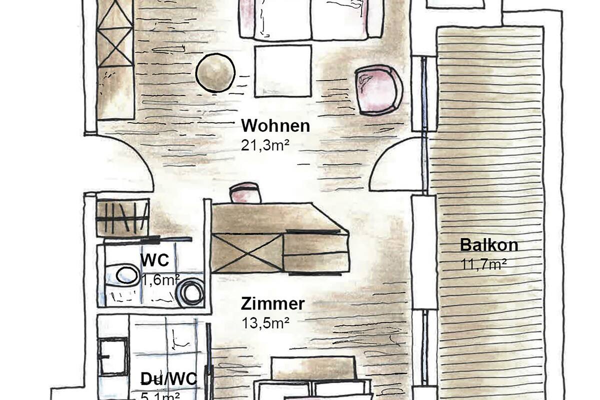 A floor plan of a hotel with a living room (21.3m²), a balcony (11.7m²), a bedroom (13.5m²), a bathroom (1.6m²), and a dressing room (5.1m²).