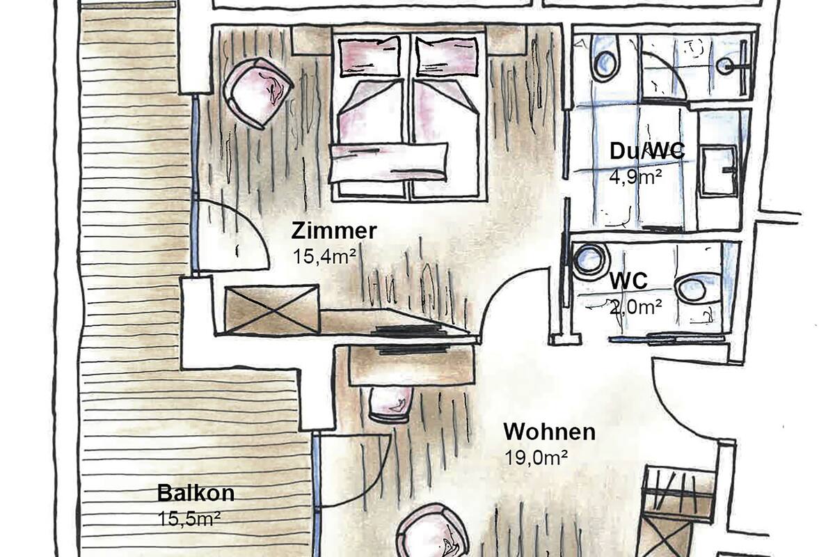 A floor plan of a hotel with a balcony, a living room, a bedroom, a bathroom, and a WC.