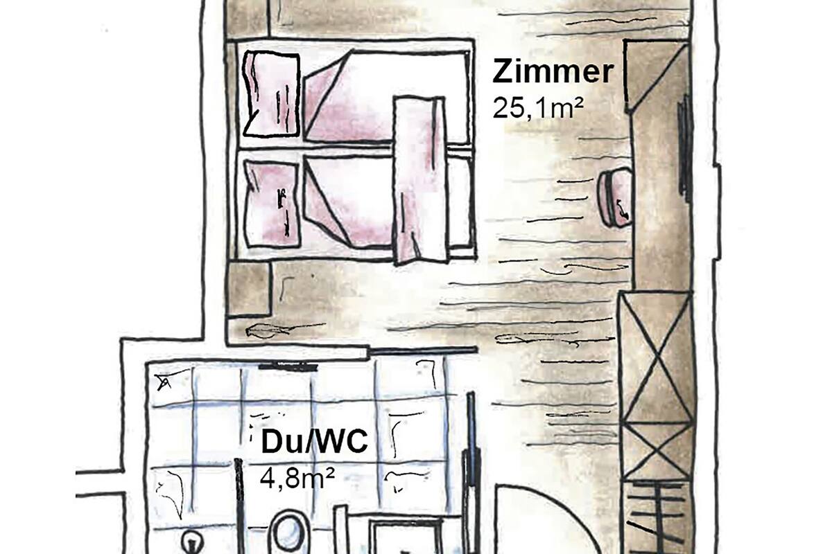 A floor plan with a balcony (5.1 m²), a bedroom (25.1 m²), and a bathroom (4.8 m²).