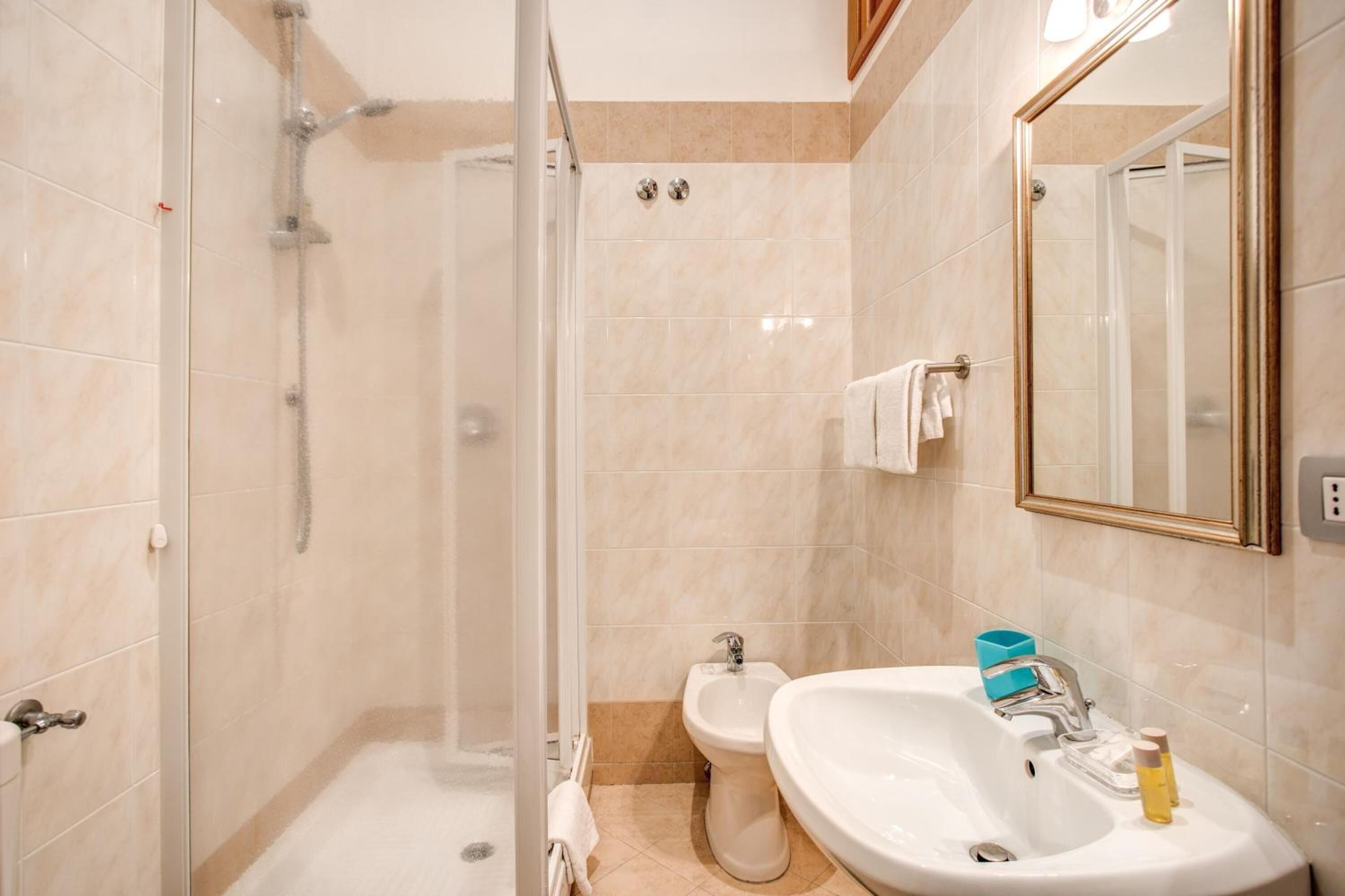 shower, hair dryer, bidet, towels