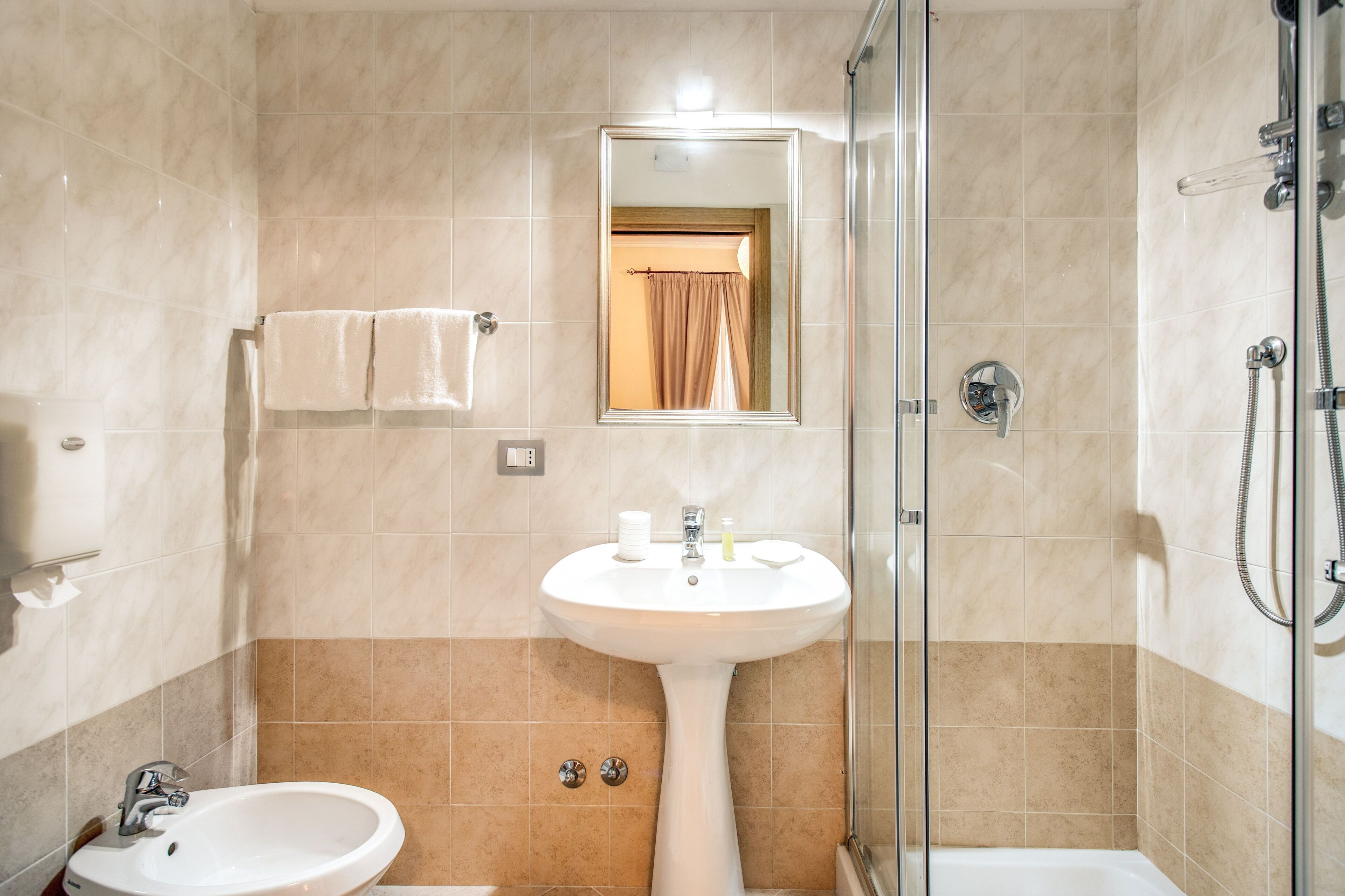 double room | bathroom | shower, hair dryer, bidet, towels