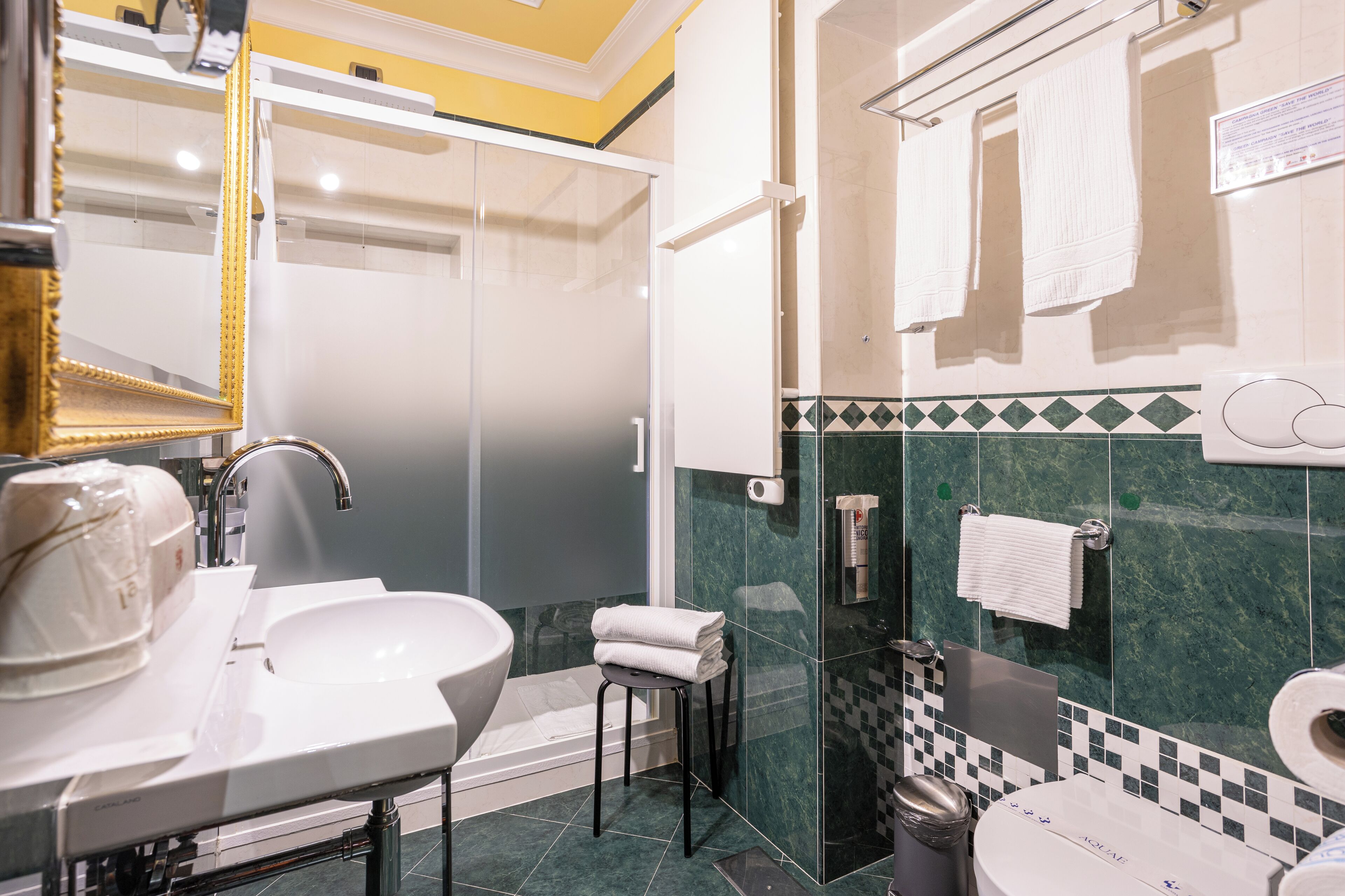 A bathroom with a white sink, a glass shower enclosure, a toilet, and a mirror with a gold frame.
