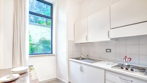 A modern kitchen with white cabinets, a stainless steel sink, and a window with a view of greenery. - Lemon Garden (Rome)