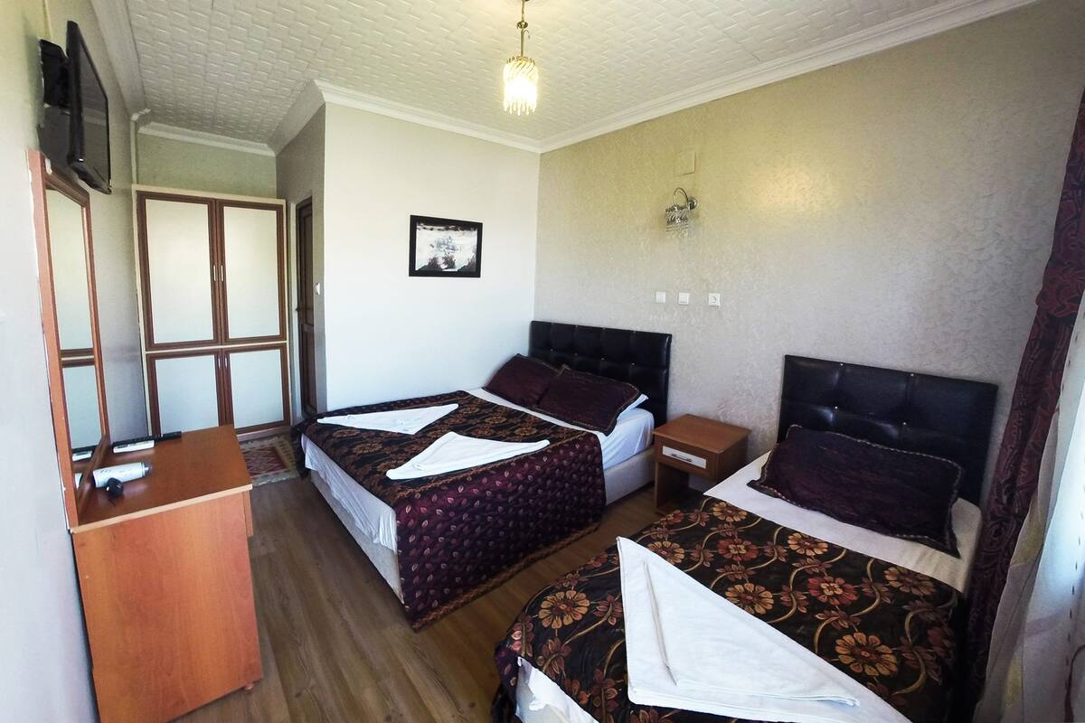 A hotel room with two beds, a wooden dresser, a television, and a ceiling light.