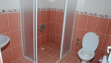 Shower, rainfall showerhead, hair dryer, towels