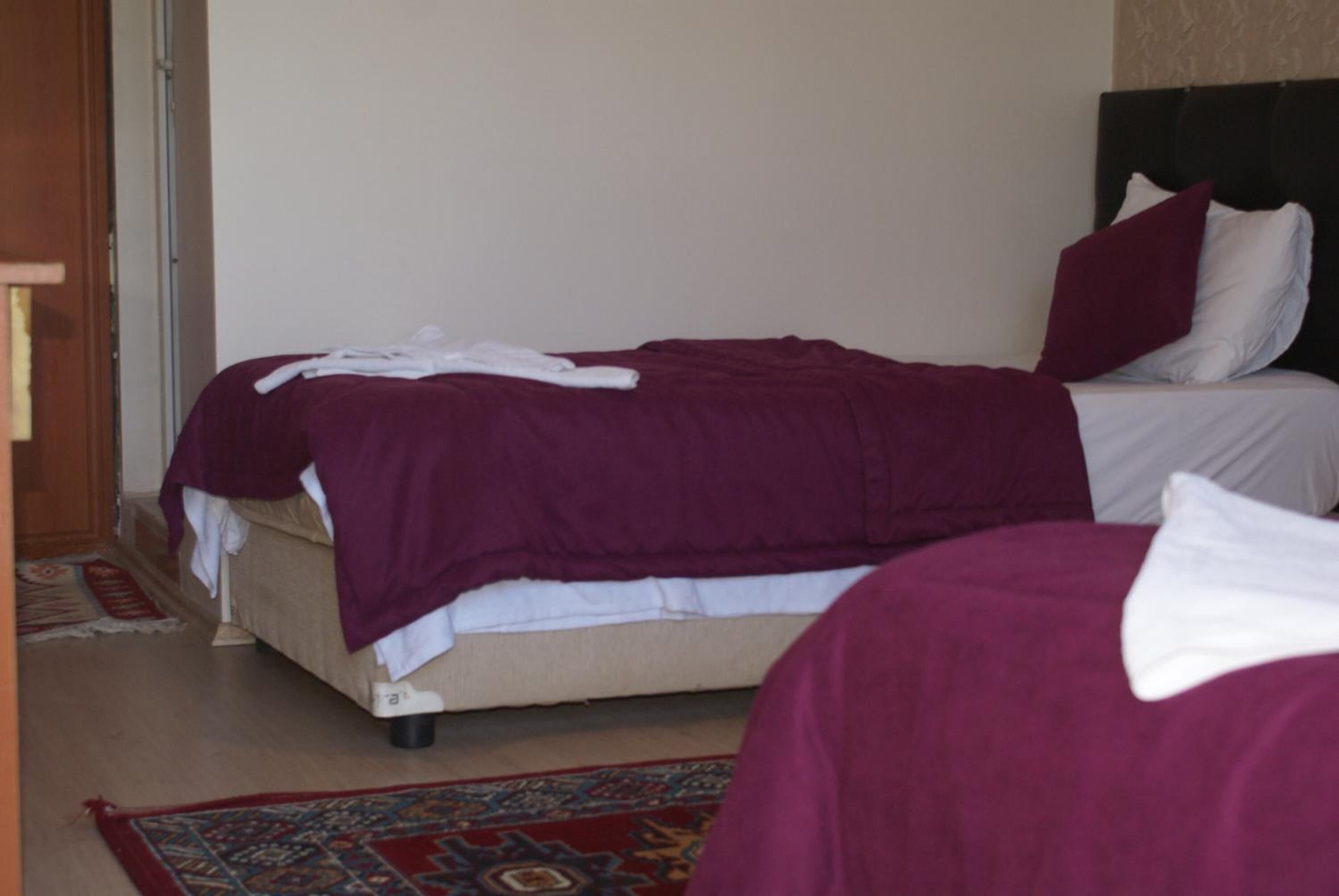A bedroom with two beds, a wooden wardrobe, and a patterned rug.