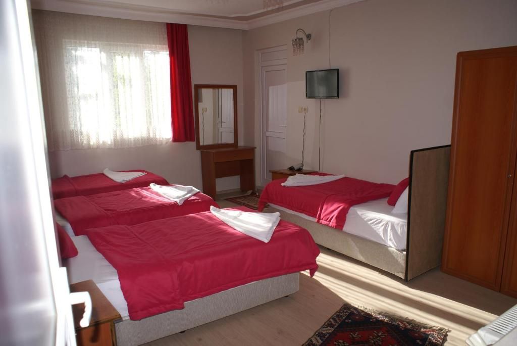 Een hotelkamer met twee bedden, een televisie, een spiegel en een kledingkast.