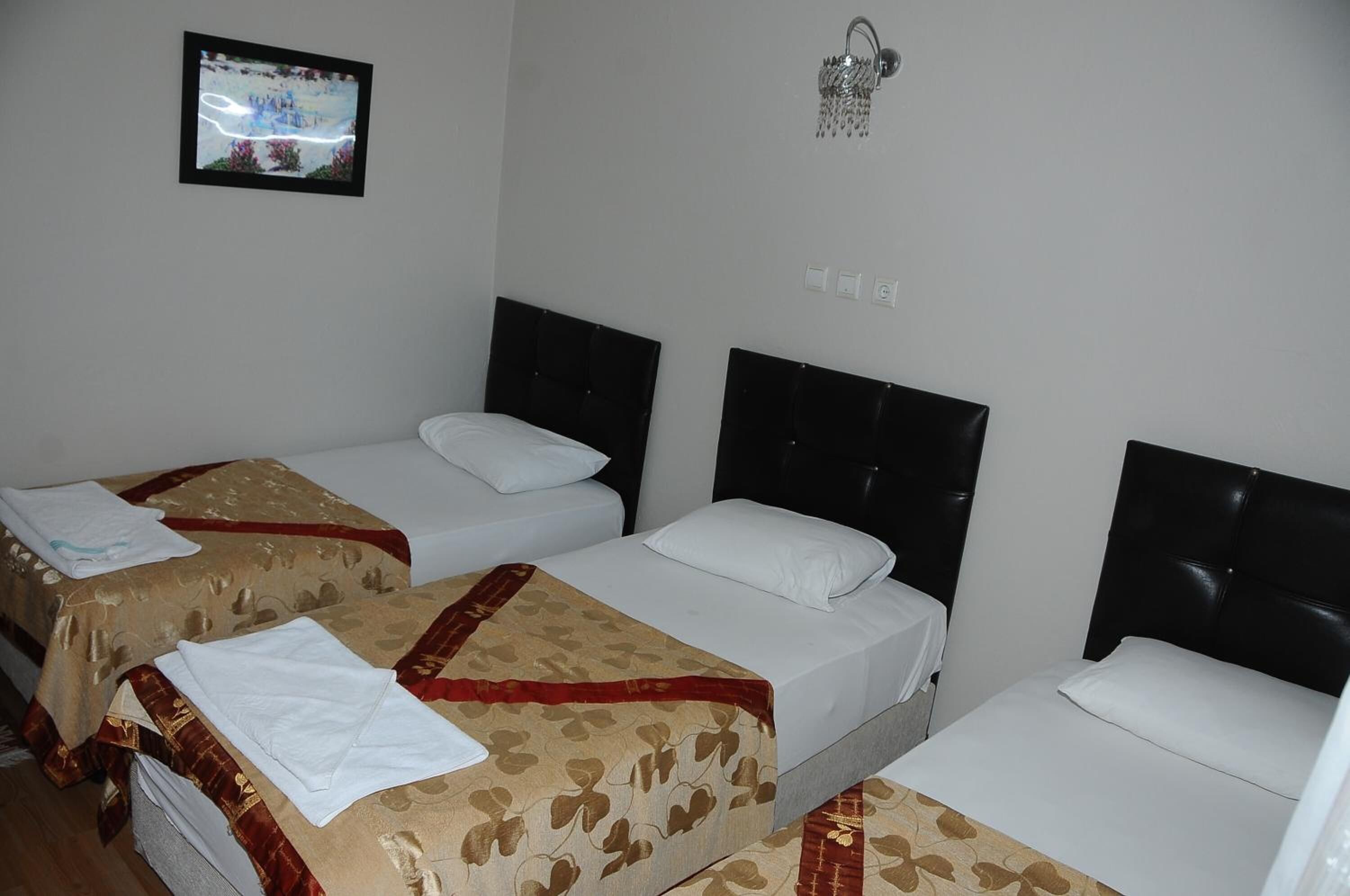 A hotel room with three single beds, each with a headboard and a bedspread. There is a wall-mounted TV and a showerhead above the beds.