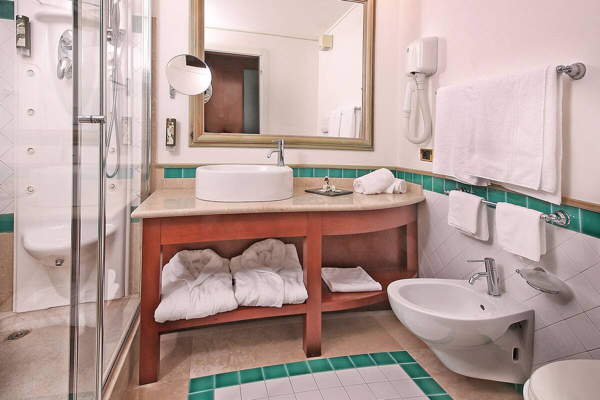 free toiletries, hair dryer, slippers, bidet
