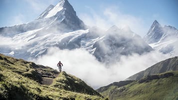A mountain landscape with a person on a trail, snow-covered peaks, and a clear sky.