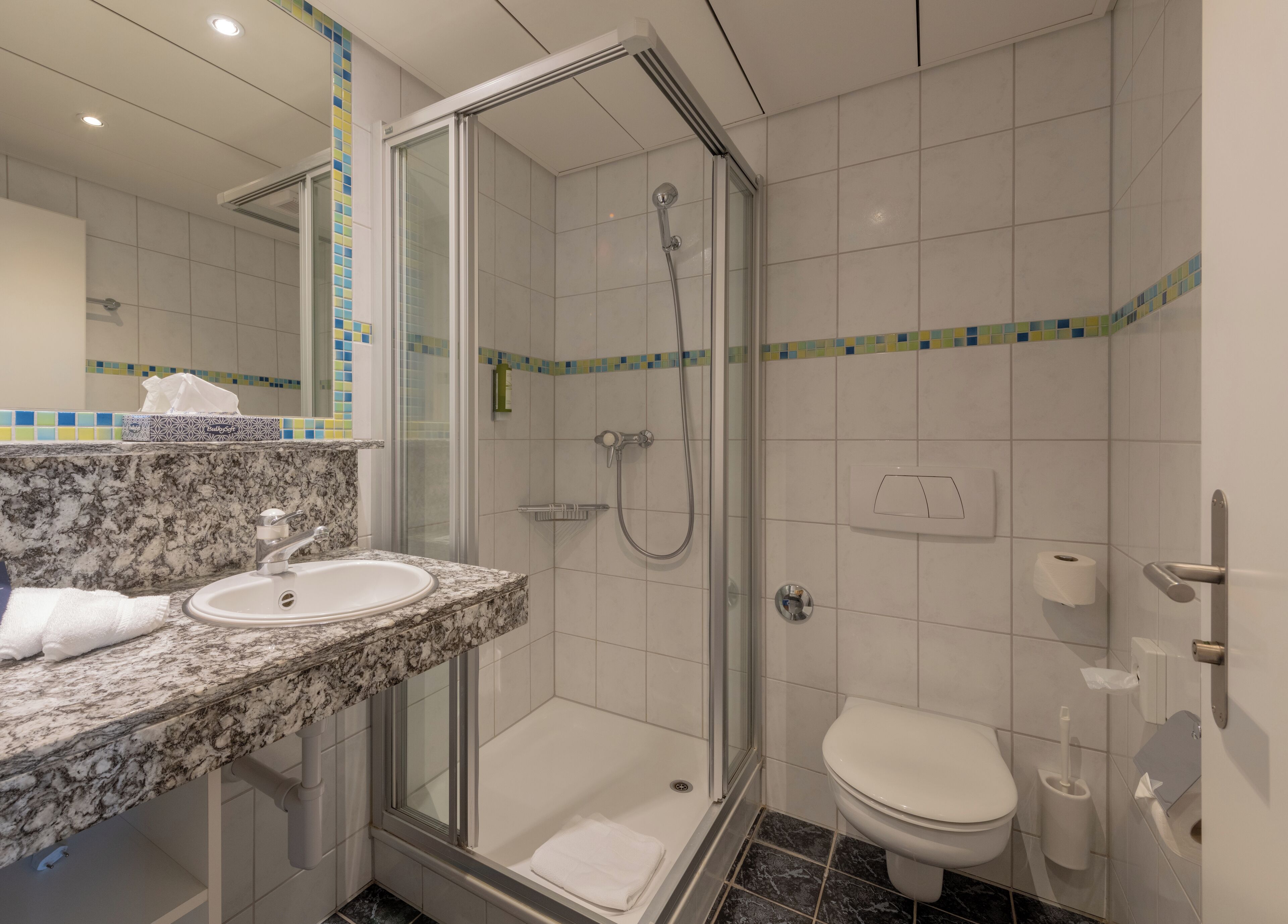 Une salle de bain moderne avec une douche à parois de verre, un lavabo en marbre et des toilettes.